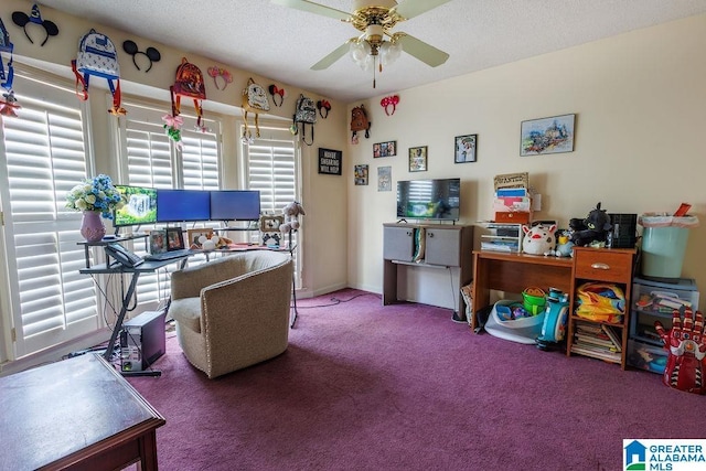 carpeted office featuring ceiling fan and a textured ceiling