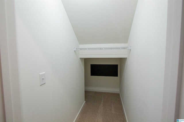 walk in closet featuring carpet flooring and lofted ceiling