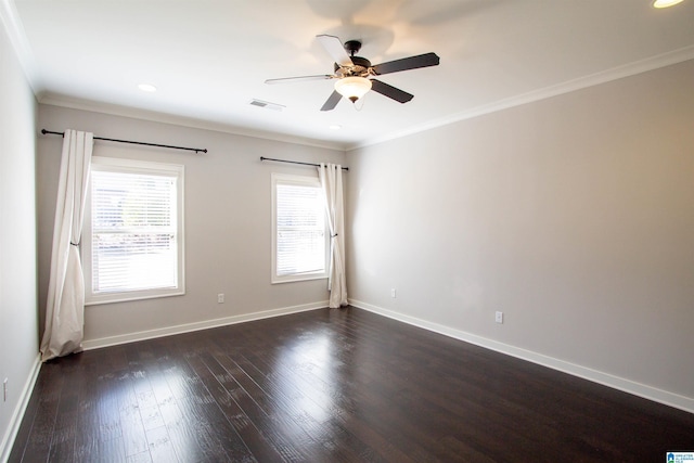 empty room with crown molding, dark hardwood / wood-style flooring, and ceiling fan