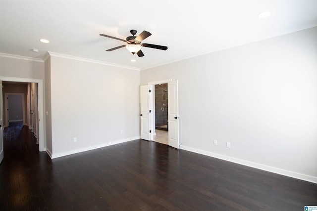 unfurnished room featuring dark hardwood / wood-style floors, ceiling fan, and ornamental molding