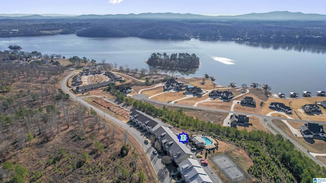 bird's eye view featuring a water and mountain view