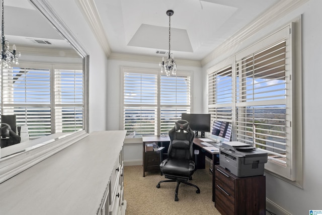 carpeted office featuring a tray ceiling and a notable chandelier