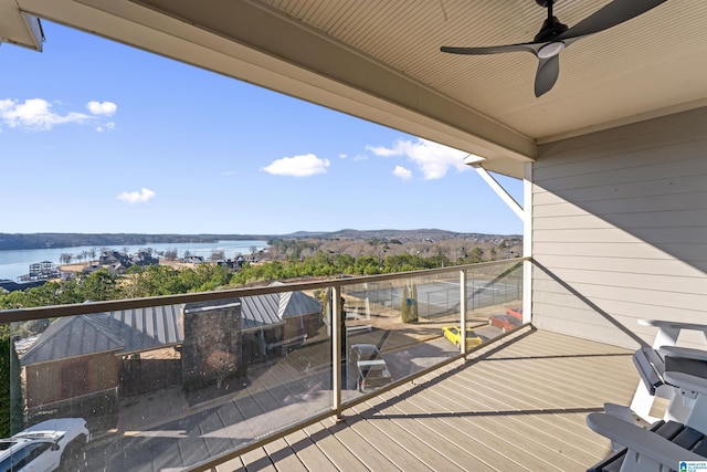 balcony featuring ceiling fan and a water view