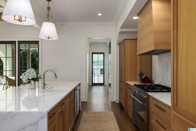 kitchen featuring dark hardwood / wood-style floors, decorative light fixtures, stainless steel appliances, a center island with sink, and sink