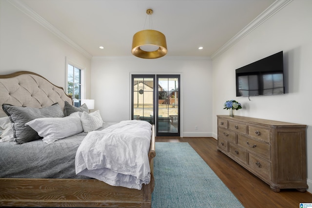 bedroom featuring multiple windows, access to outside, ornamental molding, and dark hardwood / wood-style floors