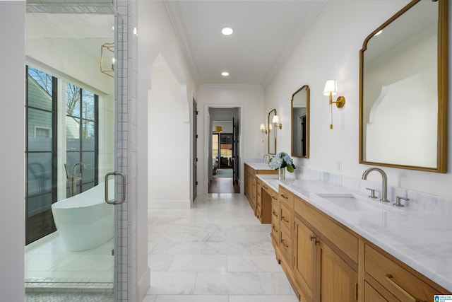 bathroom featuring independent shower and bath, crown molding, and vanity