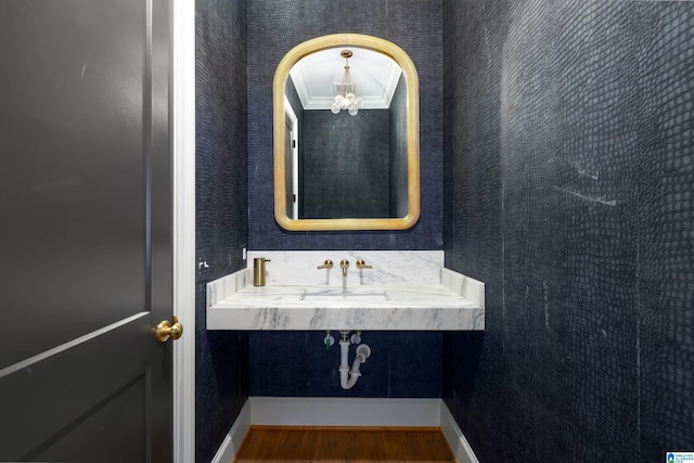 bathroom featuring sink, hardwood / wood-style floors, and crown molding