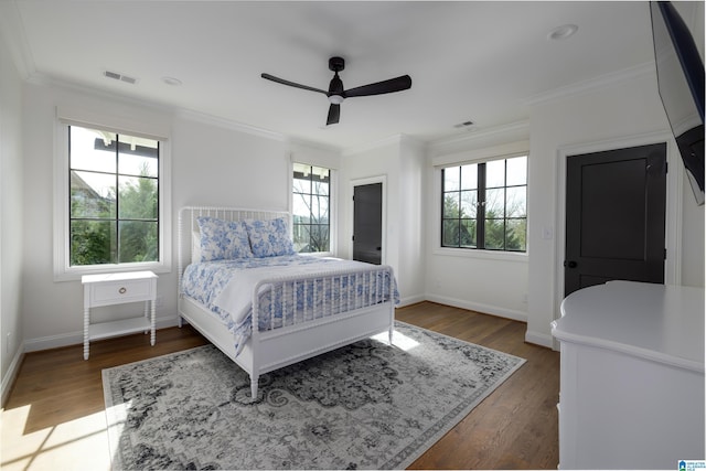 bedroom featuring hardwood / wood-style flooring, ceiling fan, ornamental molding, and multiple windows