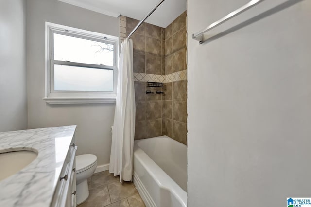 full bathroom featuring toilet, vanity, tile patterned floors, and shower / bathtub combination with curtain