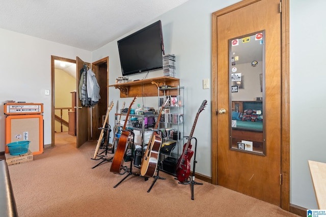 game room featuring light colored carpet and a textured ceiling