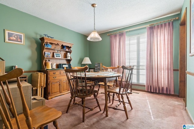 carpeted dining area featuring a textured ceiling