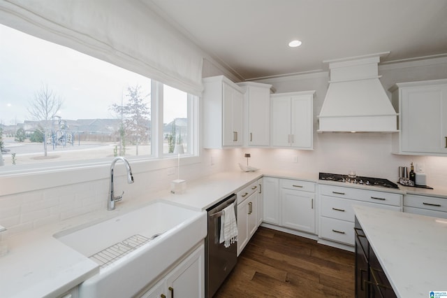 kitchen with sink, stainless steel appliances, custom range hood, and white cabinetry