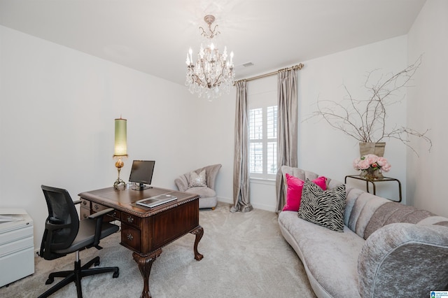 office with an inviting chandelier and light carpet