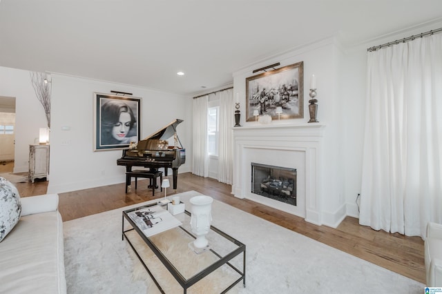 living room with hardwood / wood-style floors and ornamental molding