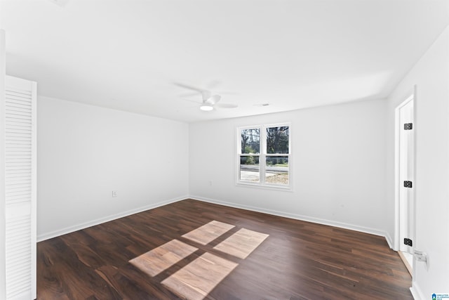 spare room featuring ceiling fan and dark wood-type flooring