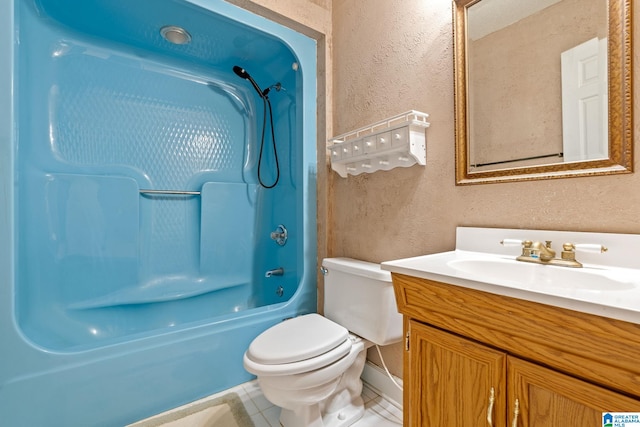 full bathroom with tub / shower combination, tile patterned floors, vanity, and toilet