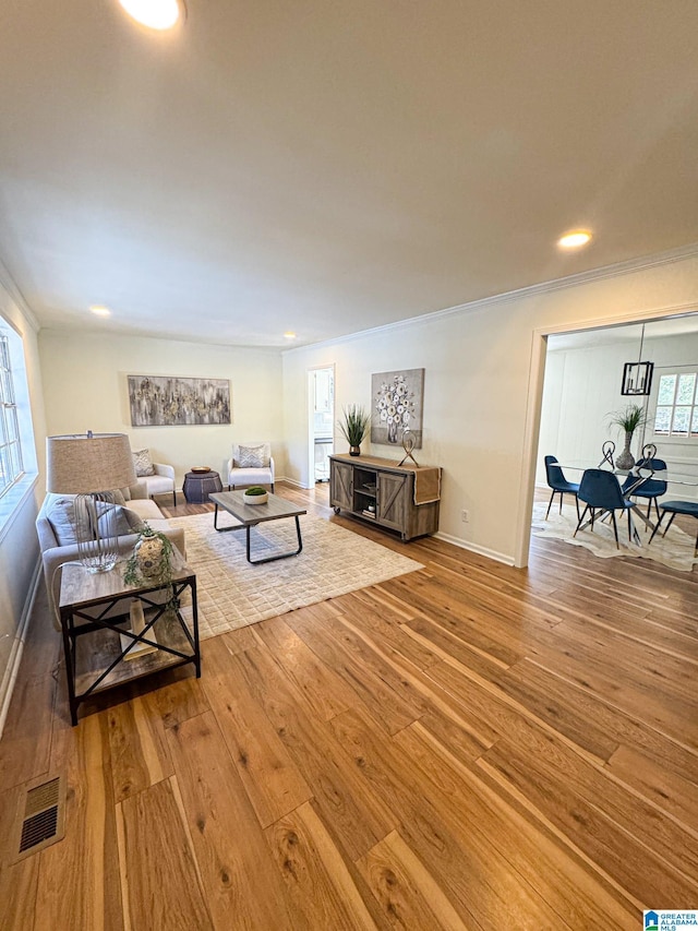 living room with wood-type flooring and ornamental molding