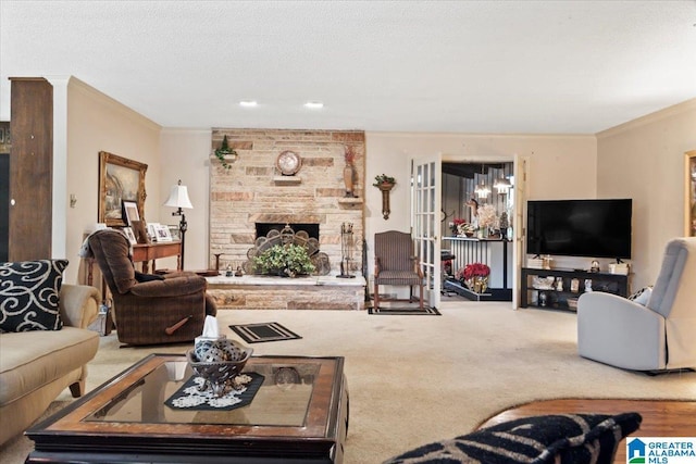 carpeted living room featuring a stone fireplace, crown molding, and a textured ceiling