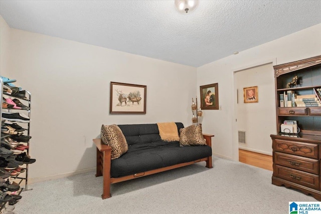 living room with a textured ceiling and light carpet