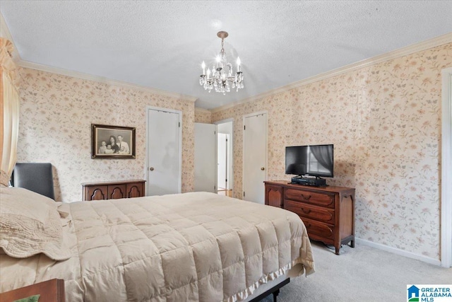 bedroom with a textured ceiling, a notable chandelier, crown molding, and light carpet