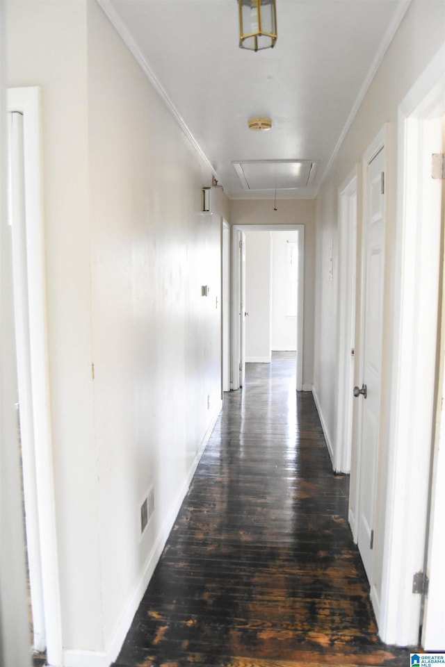 corridor with dark hardwood / wood-style flooring and ornamental molding