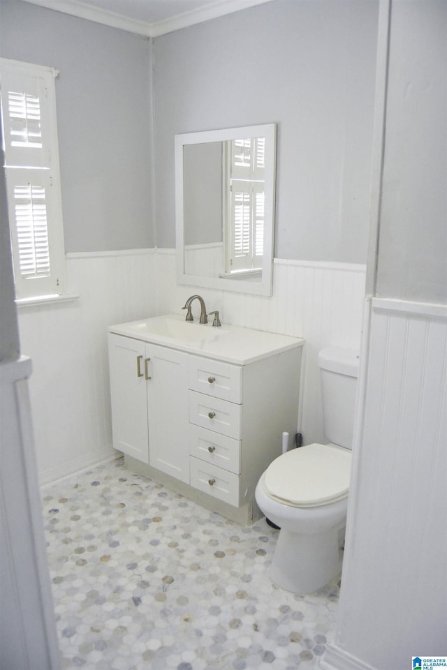 bathroom featuring vanity, a healthy amount of sunlight, and toilet