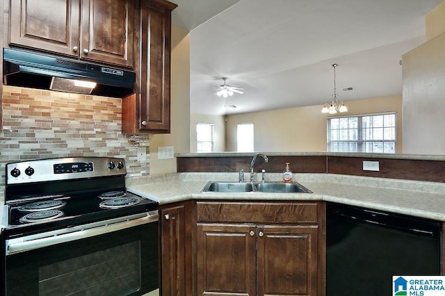 kitchen with black dishwasher, electric range, kitchen peninsula, and sink