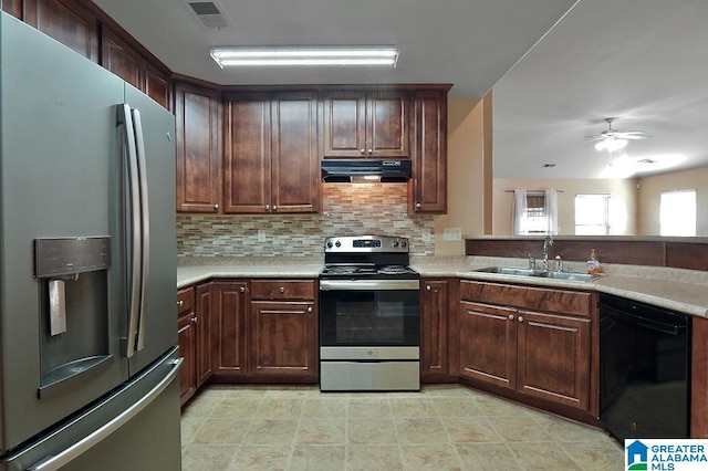 kitchen with tasteful backsplash, dark brown cabinetry, stainless steel appliances, ceiling fan, and sink