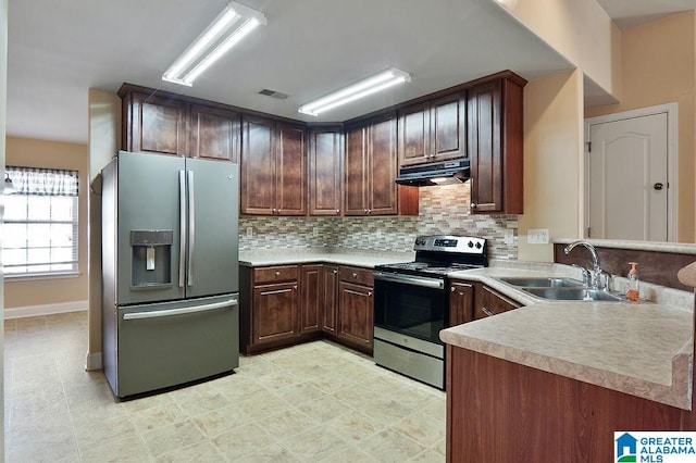 kitchen featuring sink, kitchen peninsula, decorative backsplash, dark brown cabinets, and appliances with stainless steel finishes