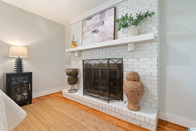 interior details featuring a fireplace and wood-type flooring