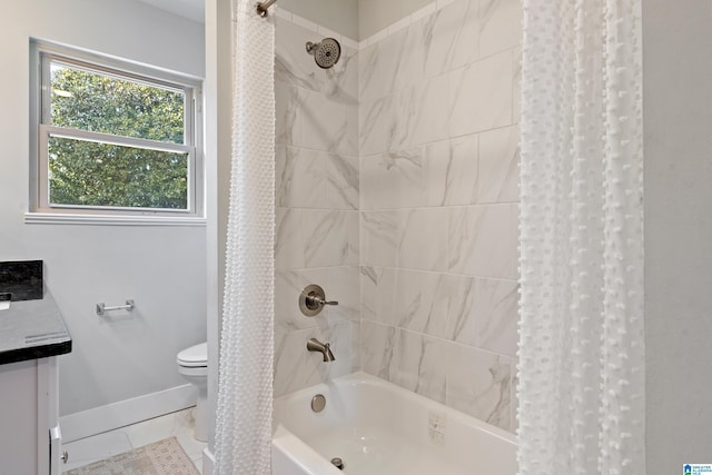 bathroom with toilet, tile patterned flooring, and shower / bathtub combination with curtain