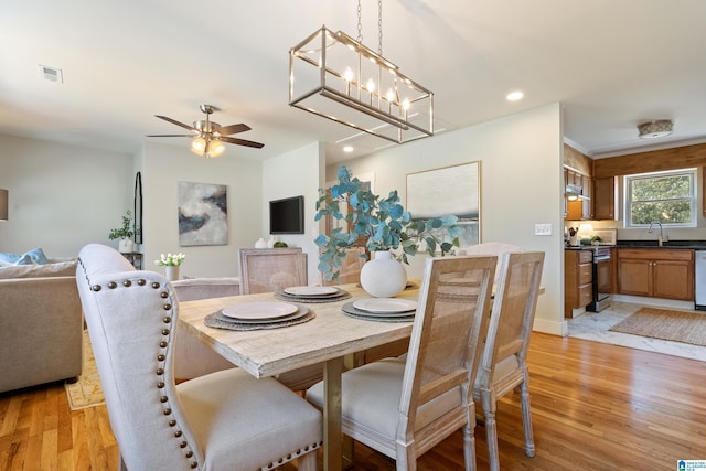 dining space with light hardwood / wood-style floors, ceiling fan, and sink