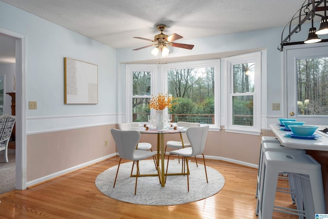 dining space with ceiling fan, light hardwood / wood-style flooring, and a textured ceiling