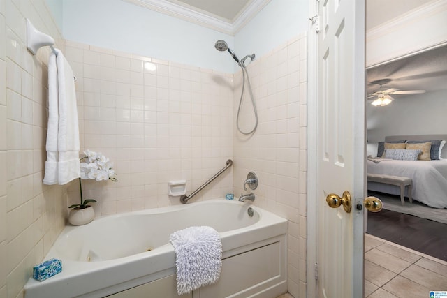 bathroom featuring tile patterned flooring, tiled shower / bath combo, ceiling fan, and ornamental molding