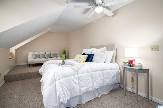 bedroom with ceiling fan, carpet, and vaulted ceiling