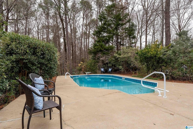 view of swimming pool with a diving board and a patio area