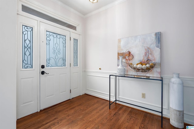 entryway featuring crown molding and dark hardwood / wood-style flooring