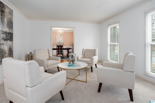 carpeted living room featuring a chandelier and crown molding