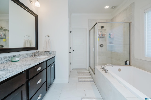 bathroom with tile patterned flooring, vanity, ornamental molding, and plus walk in shower