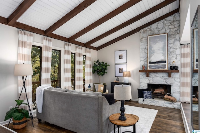 living room with a fireplace, beam ceiling, high vaulted ceiling, and dark wood-type flooring