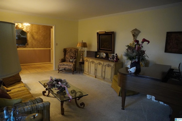 living room featuring light colored carpet, crown molding, and wooden walls