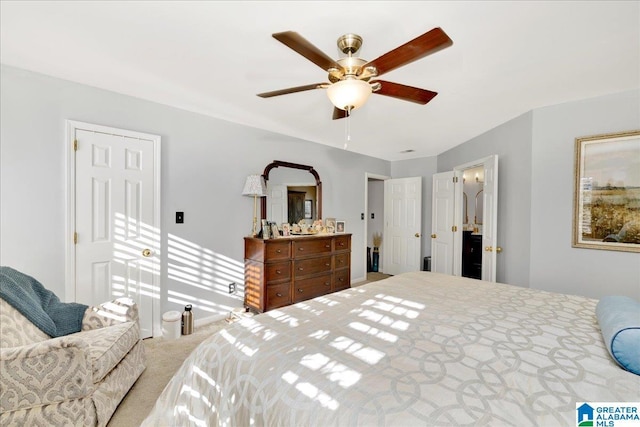 carpeted bedroom featuring ceiling fan