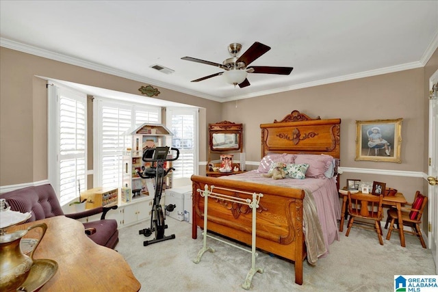 bedroom with light carpet, ceiling fan, and crown molding