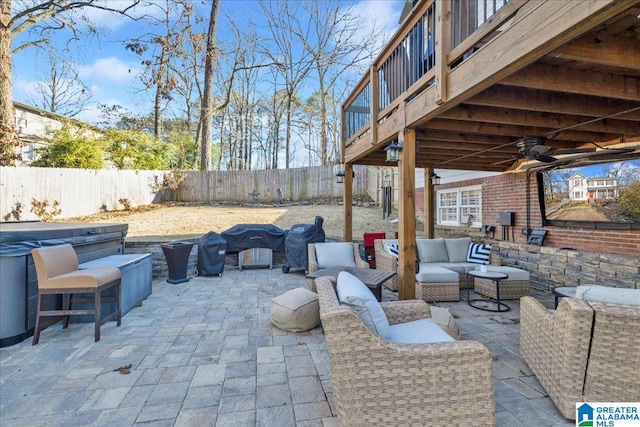 view of patio / terrace with ceiling fan and outdoor lounge area