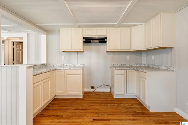 kitchen with light stone countertops and light hardwood / wood-style flooring