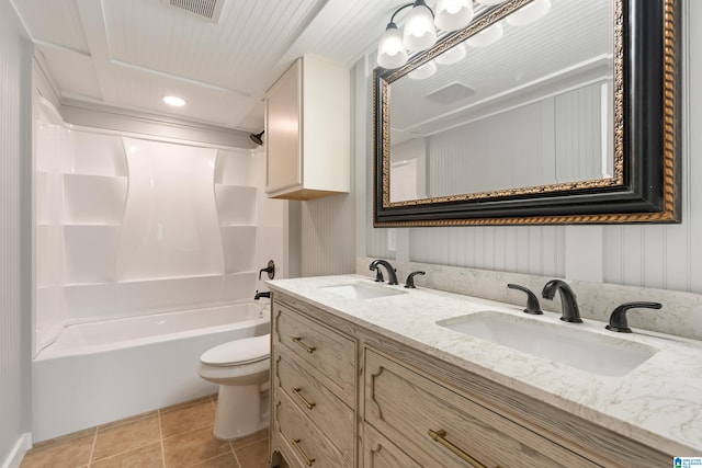 full bathroom featuring tile patterned flooring, vanity, toilet, and tub / shower combination