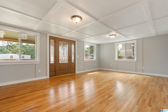 entryway featuring light wood-type flooring and coffered ceiling