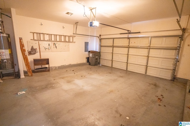 garage featuring electric panel, water heater, and a garage door opener