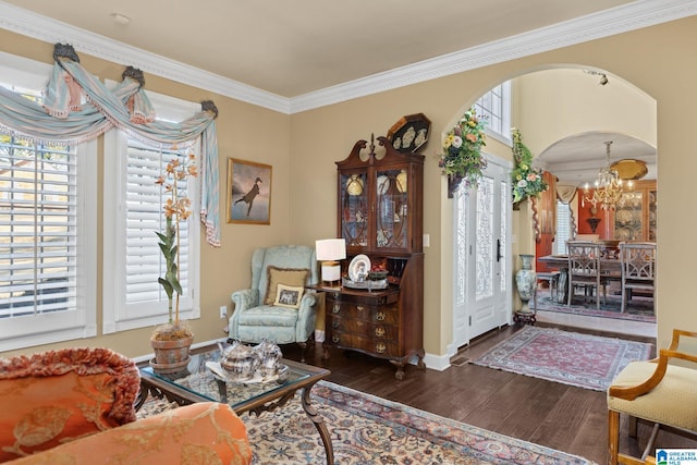 living area with crown molding, dark wood-type flooring, and a notable chandelier