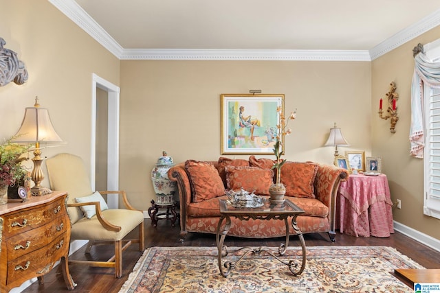 living room with dark hardwood / wood-style floors and ornamental molding